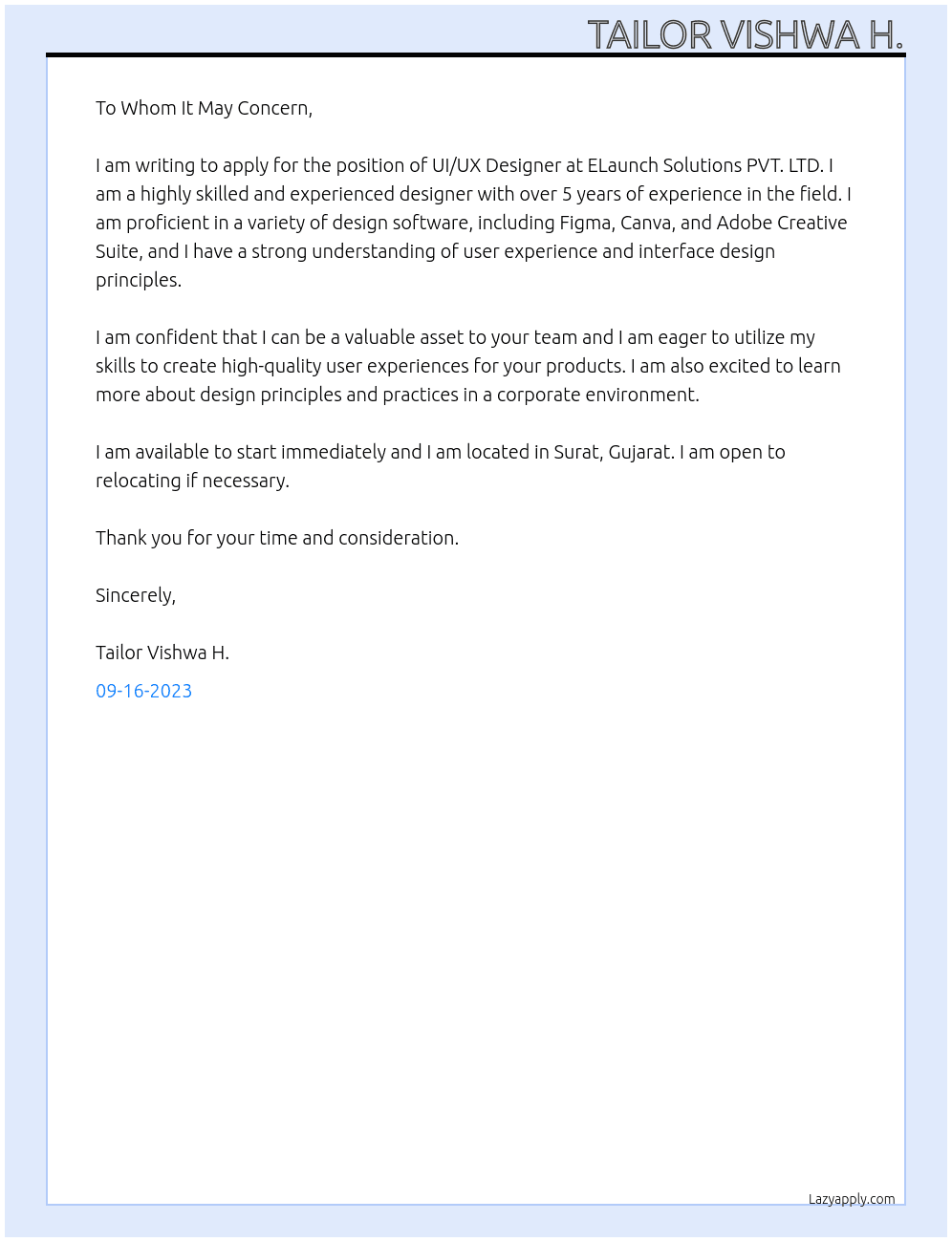uiux designer At ELaunch SOLUTION PVT. LTD. Cover Letter
