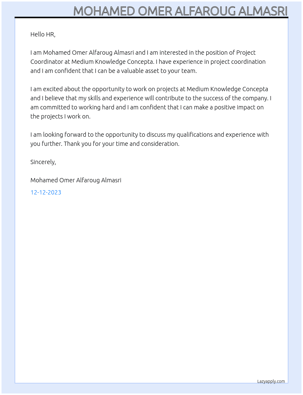 Project Coordinator At Medium Knowledge Concepta Cover Letter
