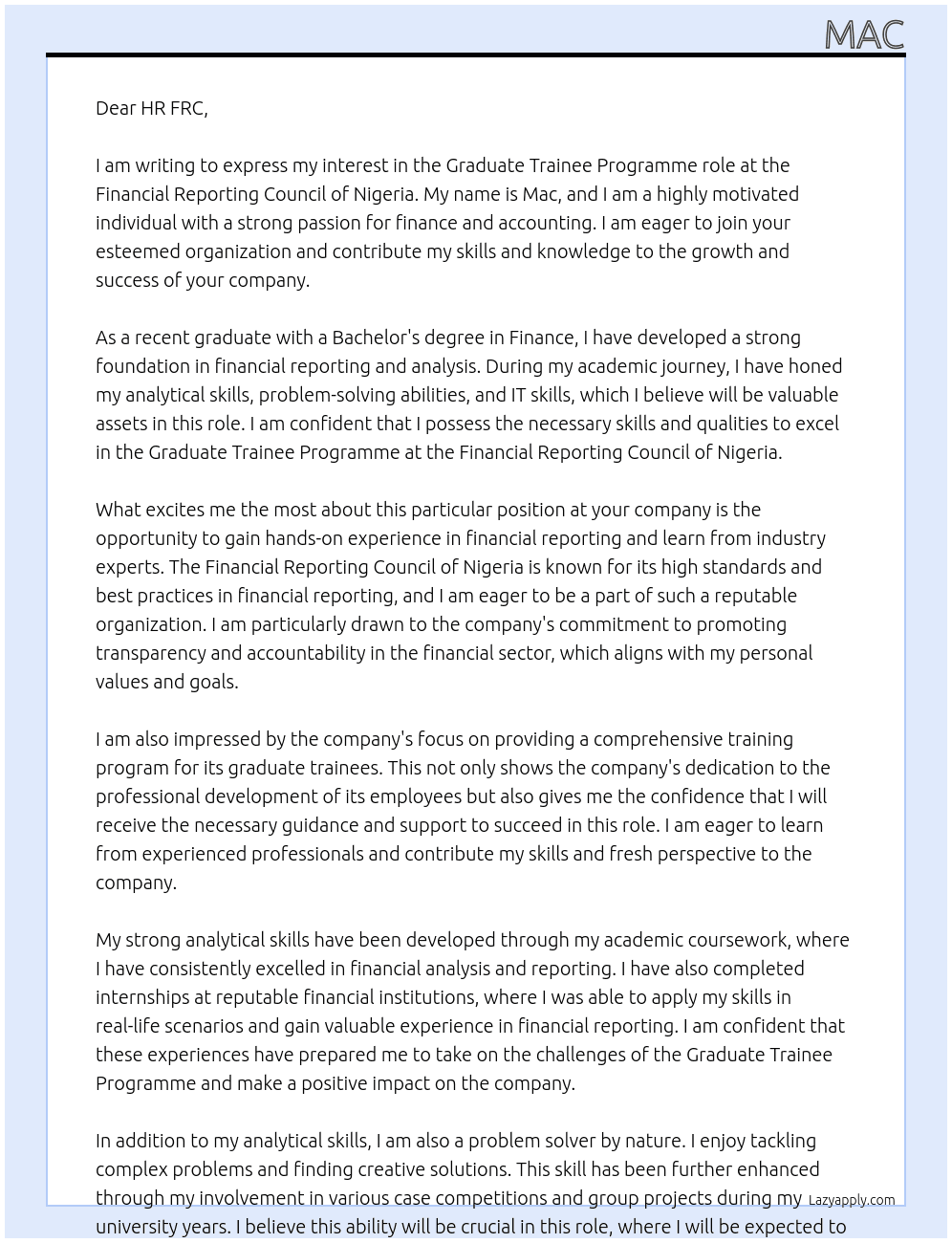 graduate trainee programme At financial reporting council of nigeria Cover Letter