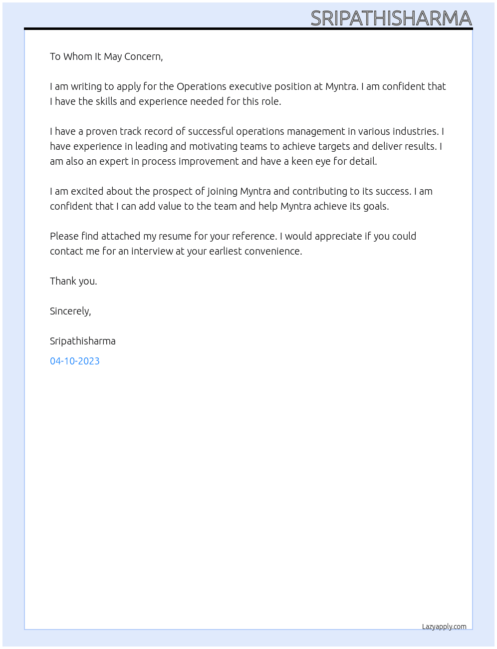 Operations executive At Myntra Cover Letter