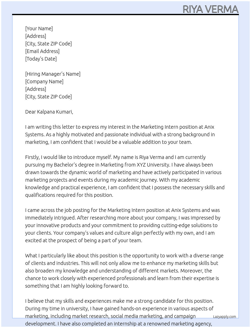 Marketing intern At Anix sysytems Cover Letter