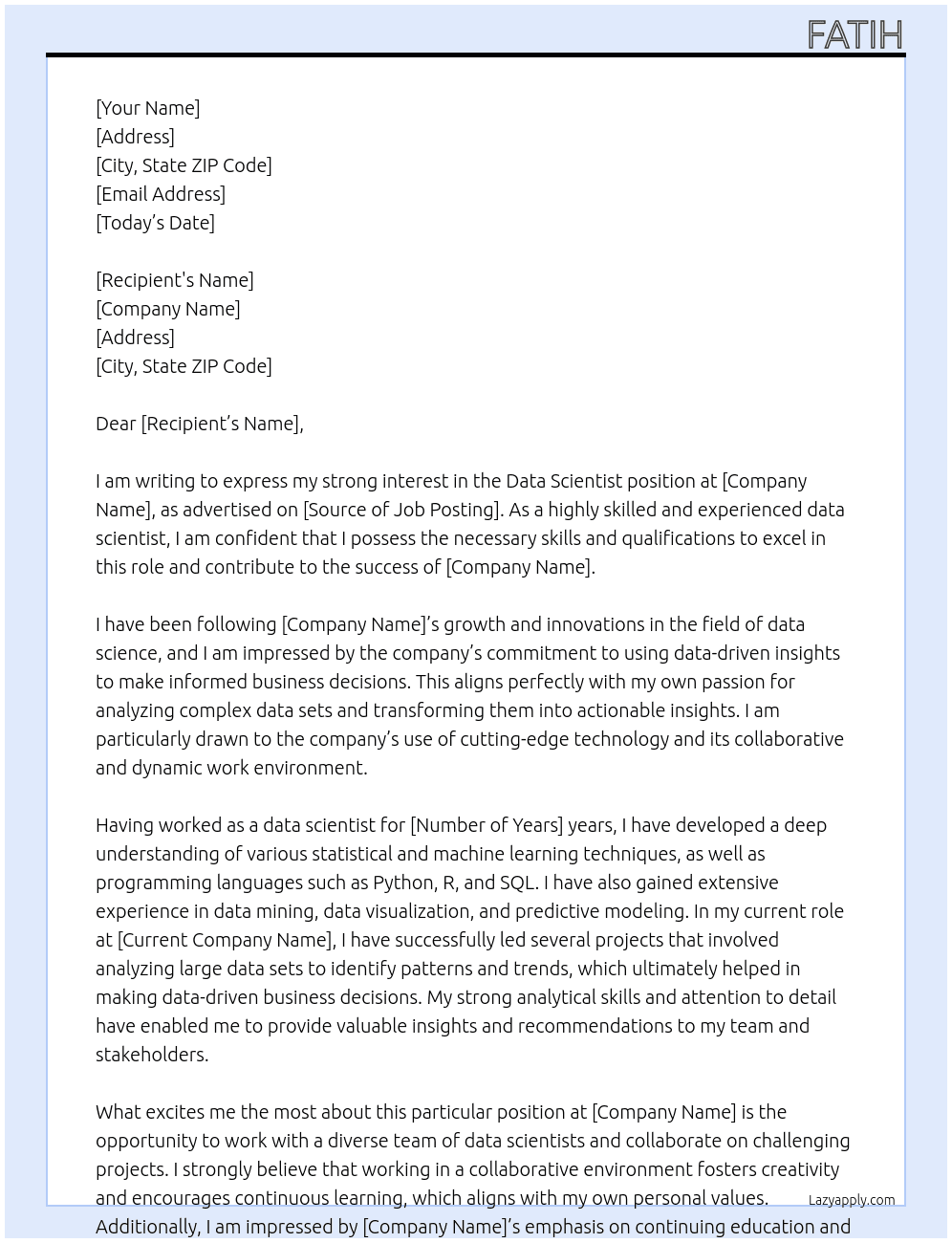Data Scientist At rpc Cover Letter