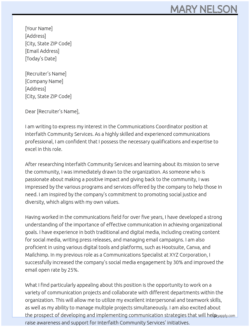 Communications Coordinator At Interfaith Community Services Cover Letter