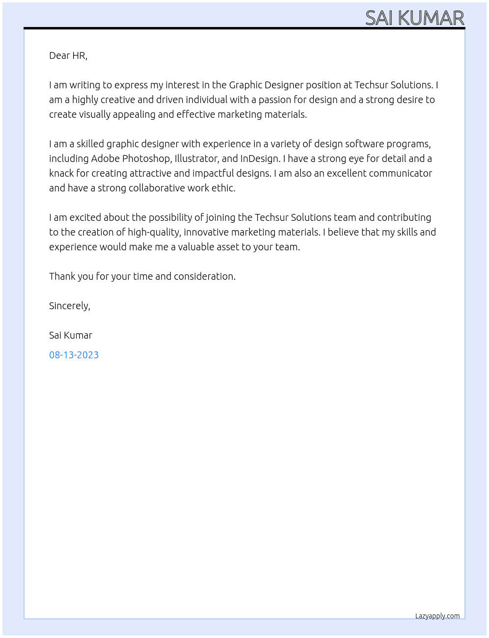 Graphic Designer (Remote Position) At Techsur Solutions Cover Letter