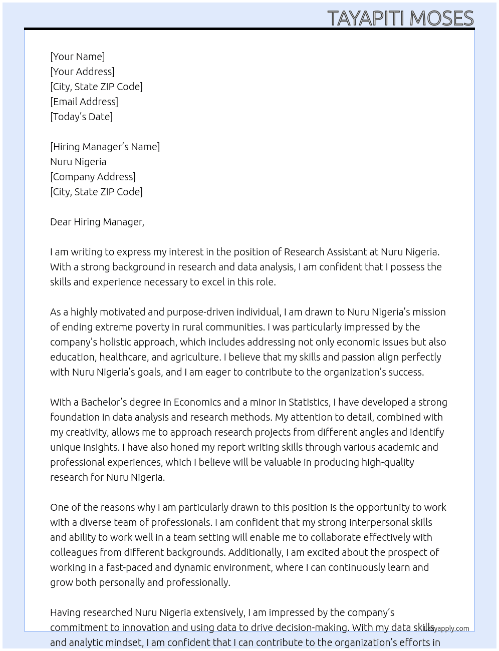 research assistant At Nuru Nigeria Cover Letter