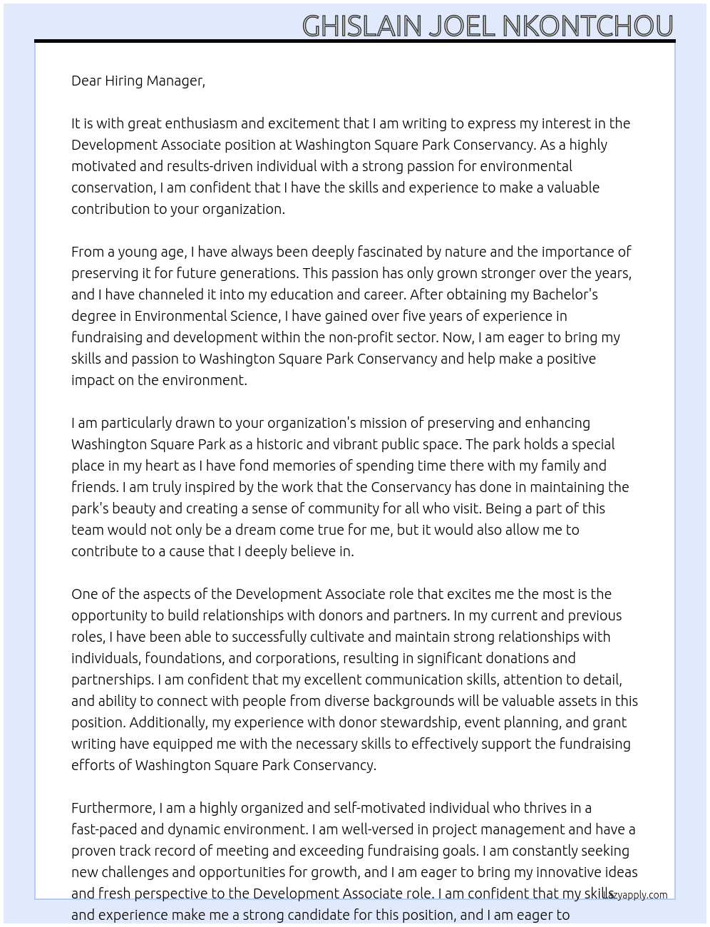 Development Associate At Washington Square Park Conservancy Cover Letter