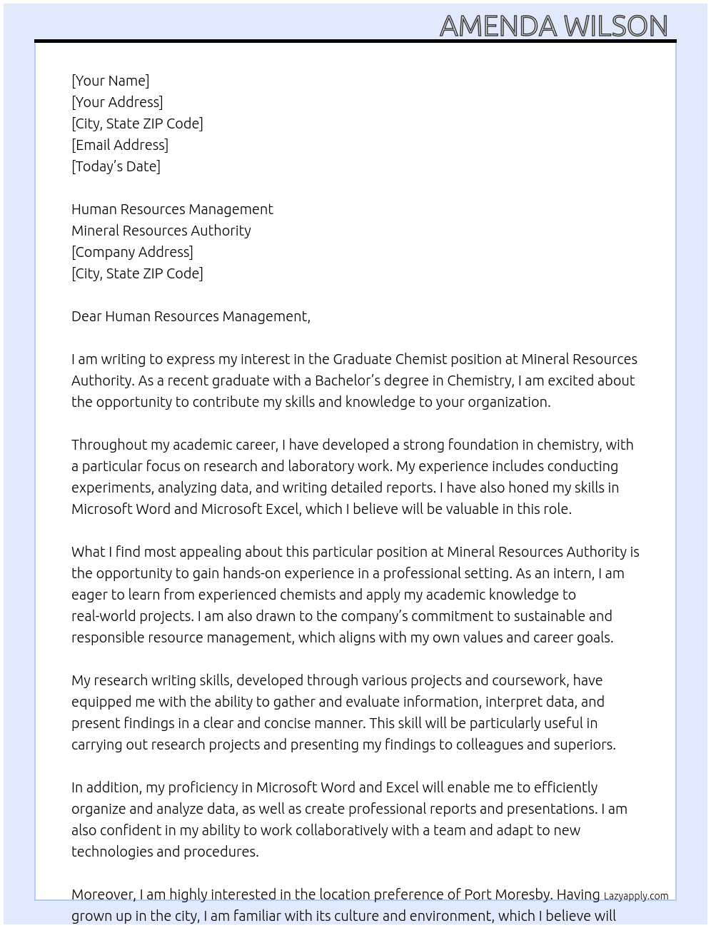 Graduate Chemist  At Mineral Resources Authority  Cover Letter