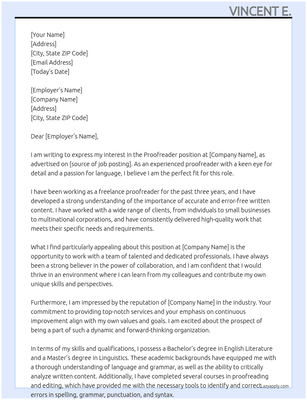 Proofreader At Vincent E Cover Letter