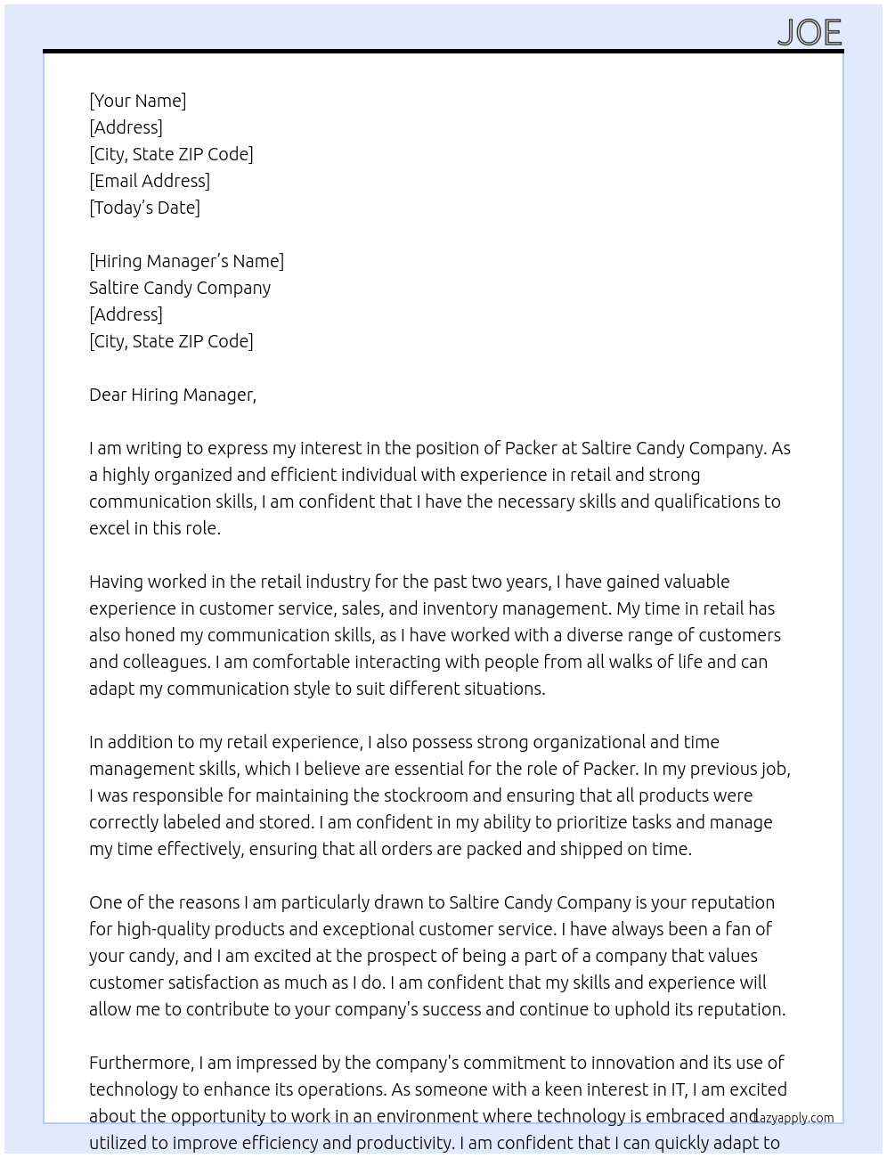 Packer At Saltire Candy Company Cover Letter