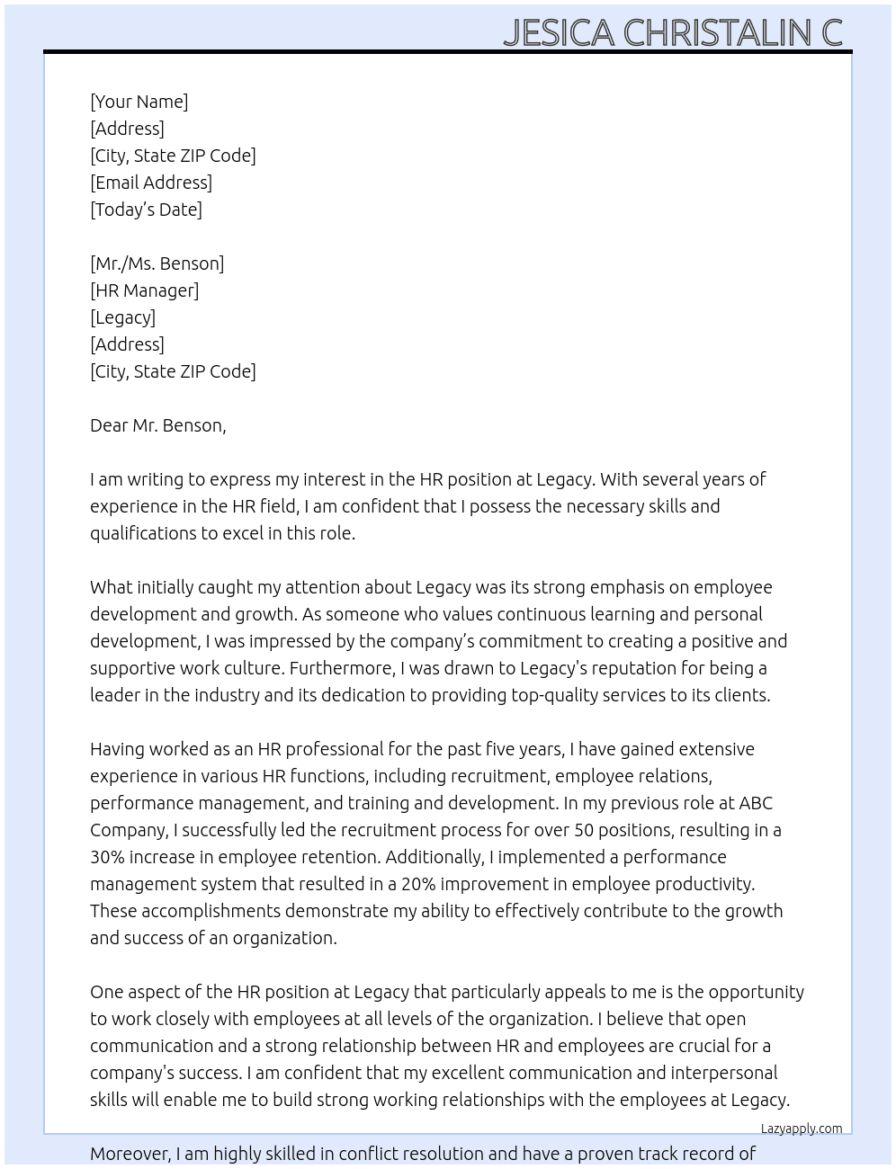 HR  At Legacy  Cover Letter
