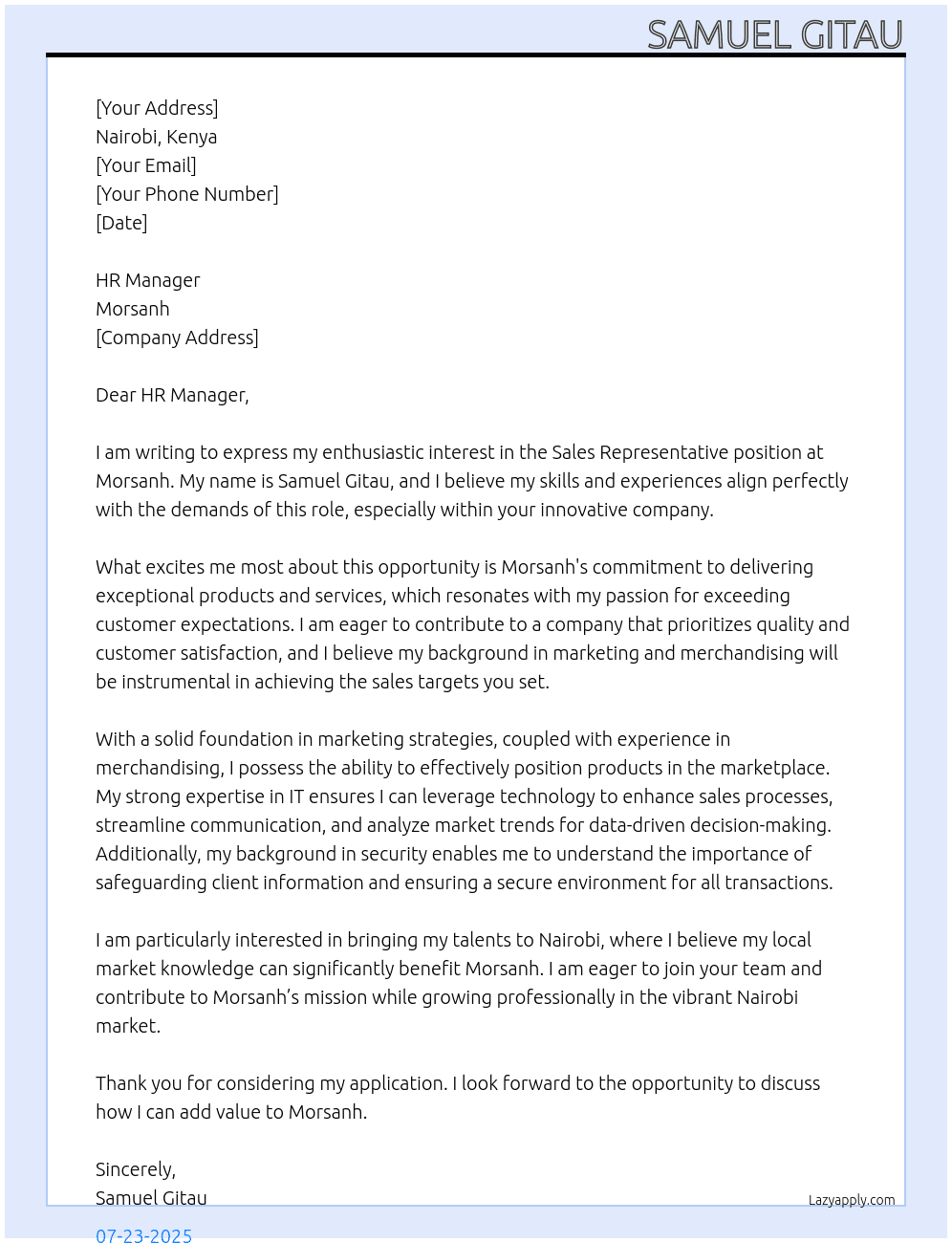 Sales rep At morsanh Cover Letter