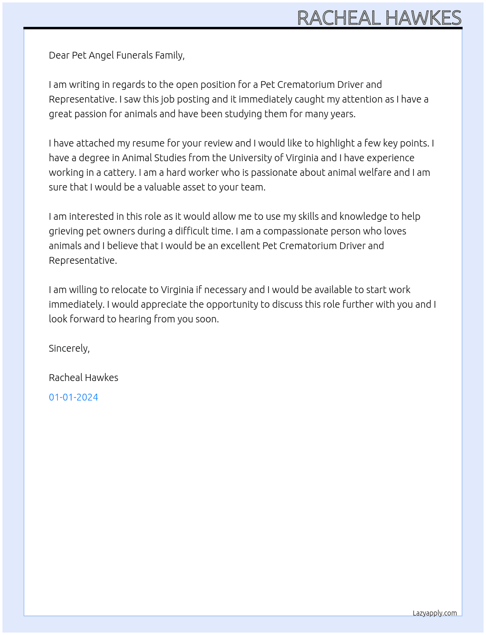 Pet Crematorium Driver and Representative At Pet Angel Cover Letter