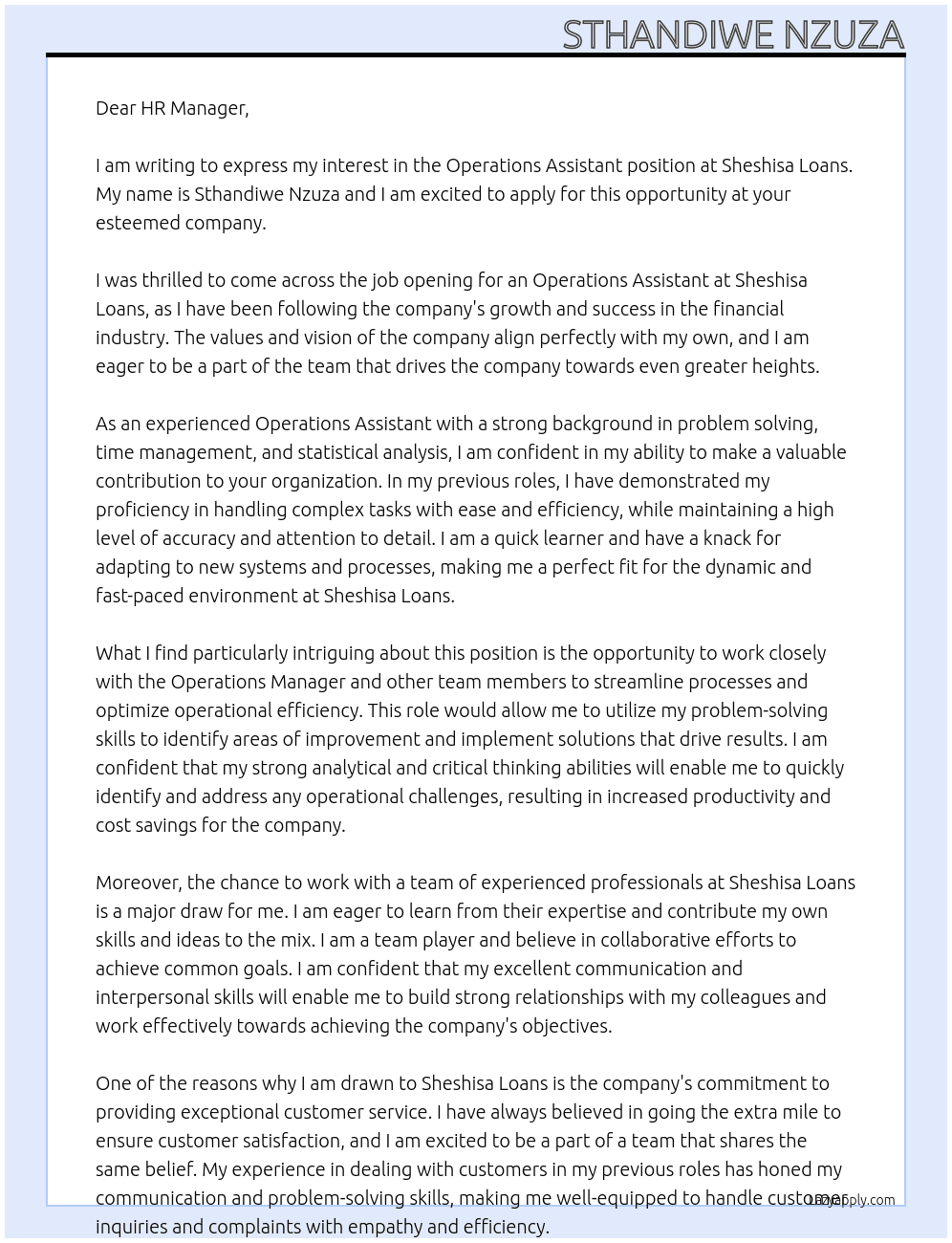 Operations assistant At Sheshisa Loans Cover Letter