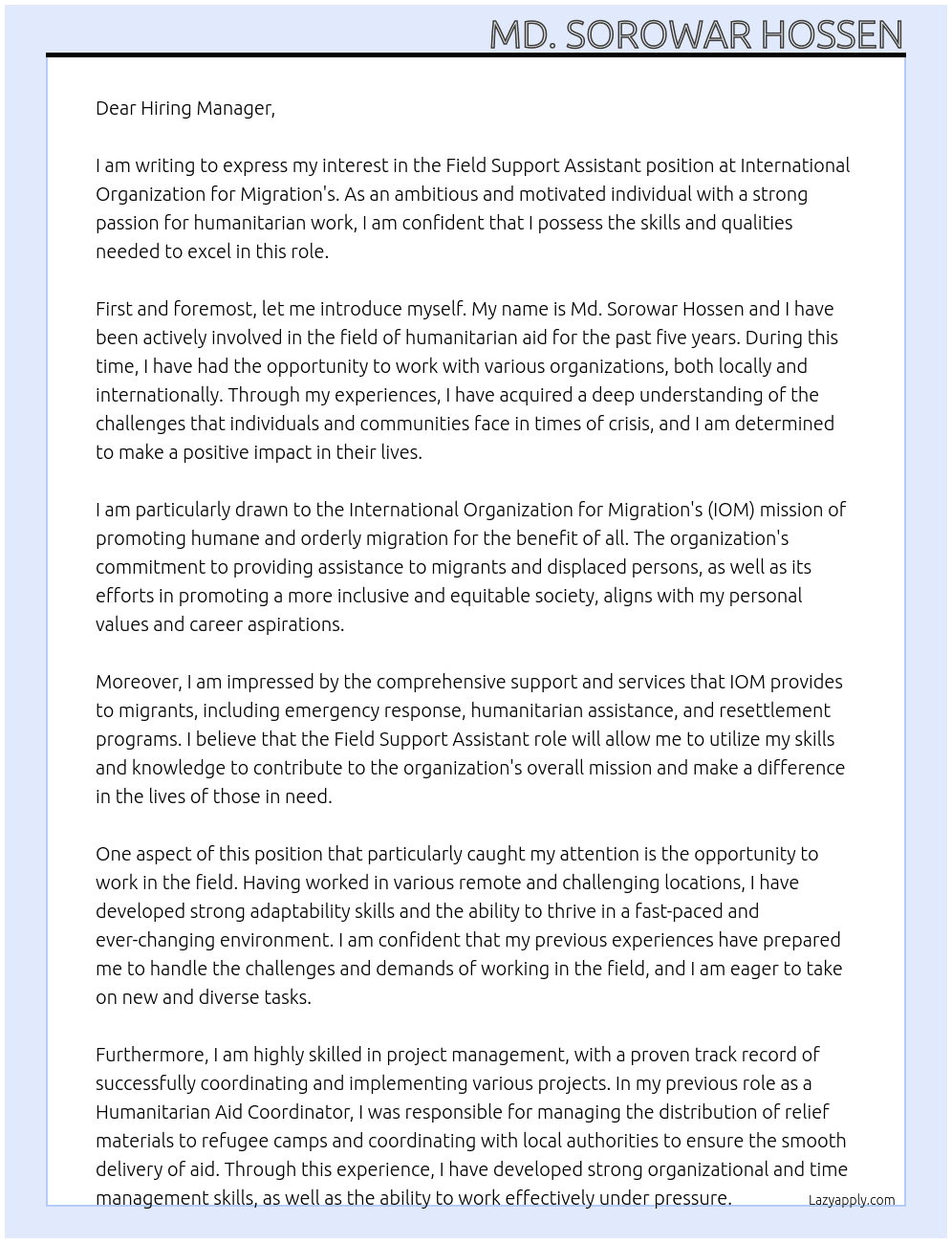 Field Support Assistant At International Organization for Migration's Cover Letter