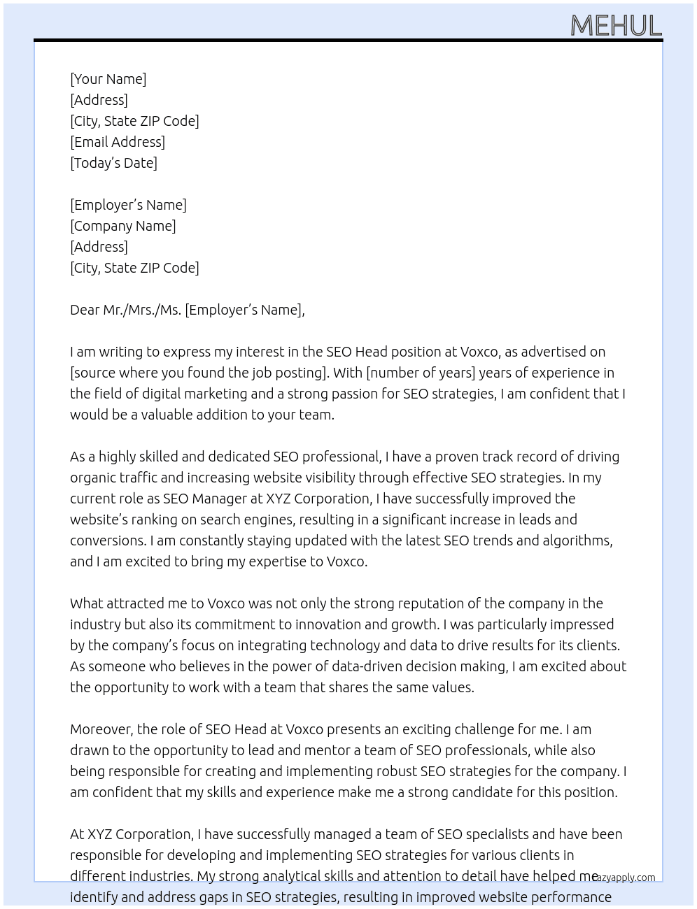 SEO Head At Voxco Cover Letter