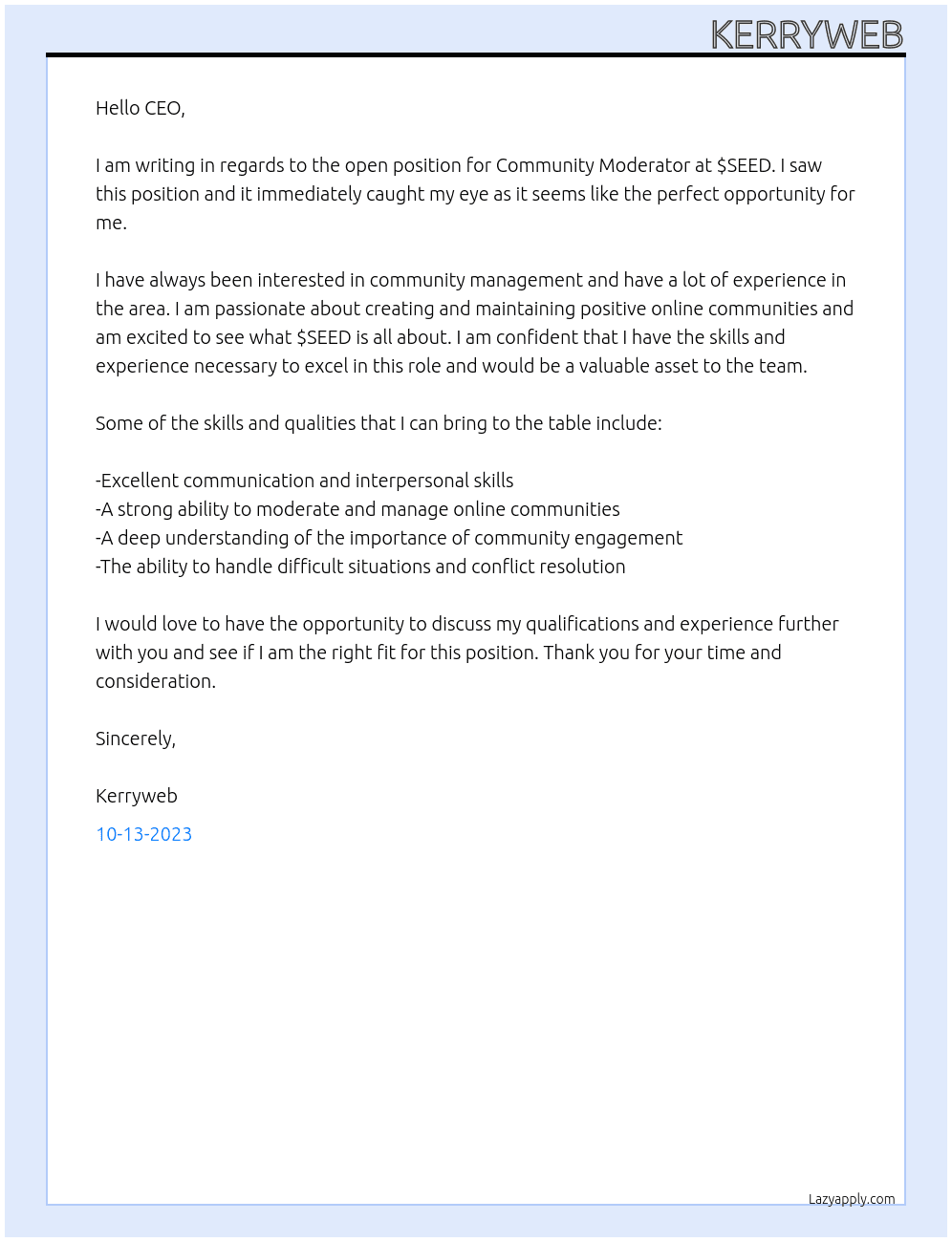 Community moderator  At $SEED  Cover Letter
