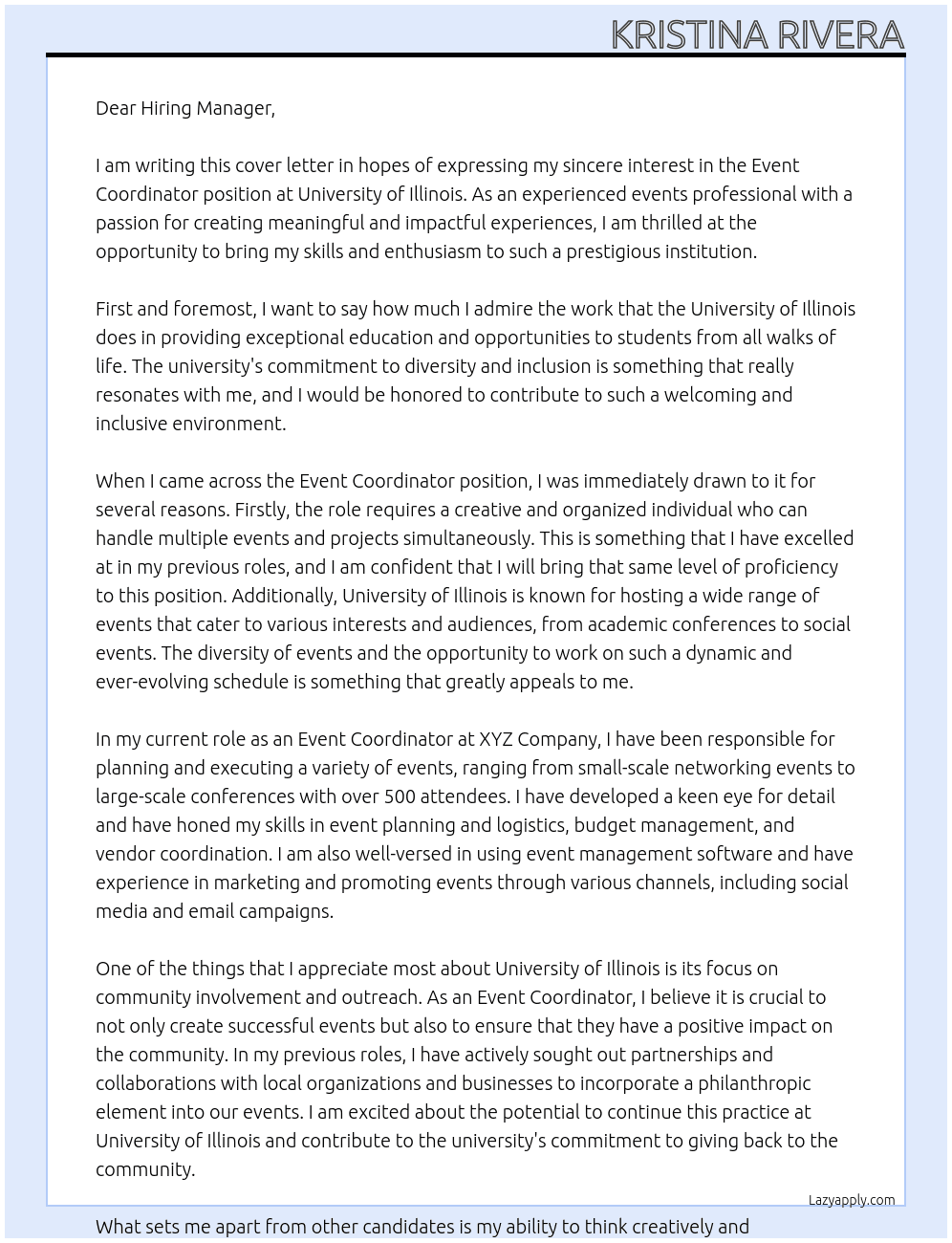 Event Coordinator At University of Illinois Cover Letter