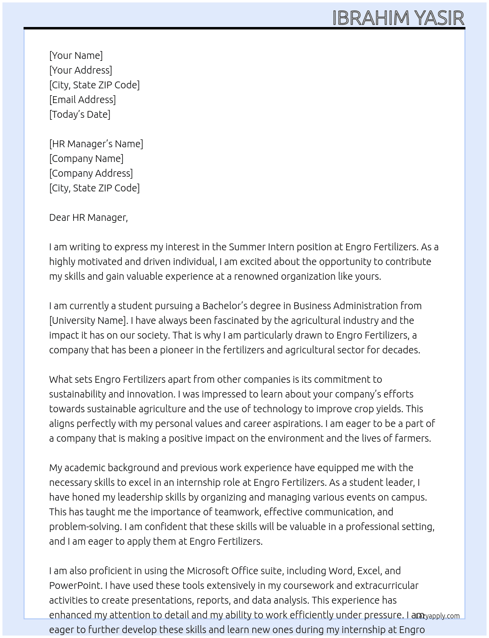 Summer Intern At Engro Fertilizer Cover Letter