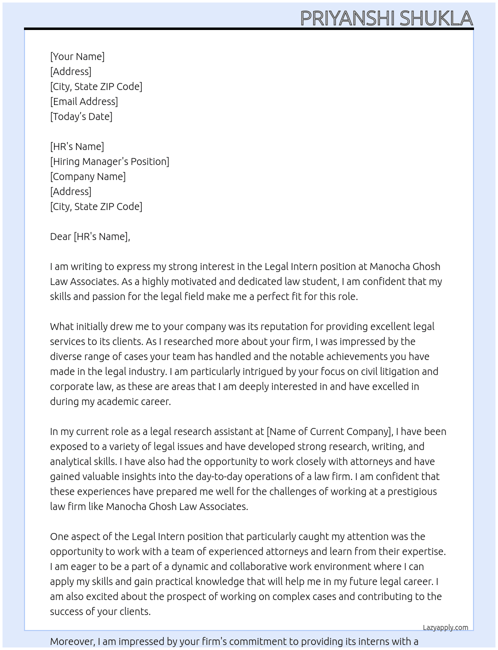 Legal Intern  At Manocha Ghosh Law Associates  Cover Letter