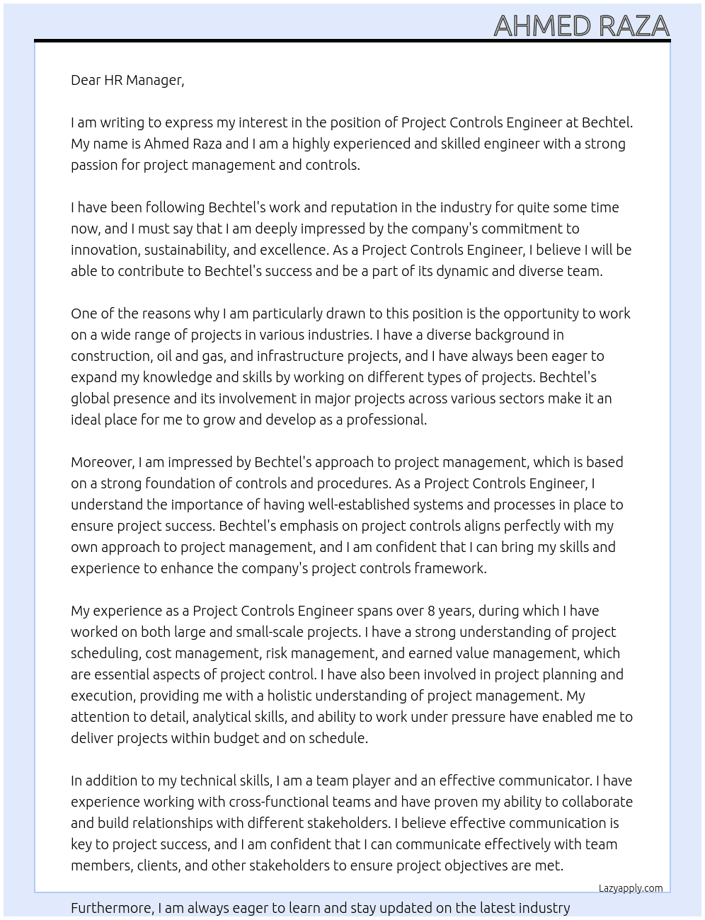 Project Controls Engineer At Bechtel Cover Letter