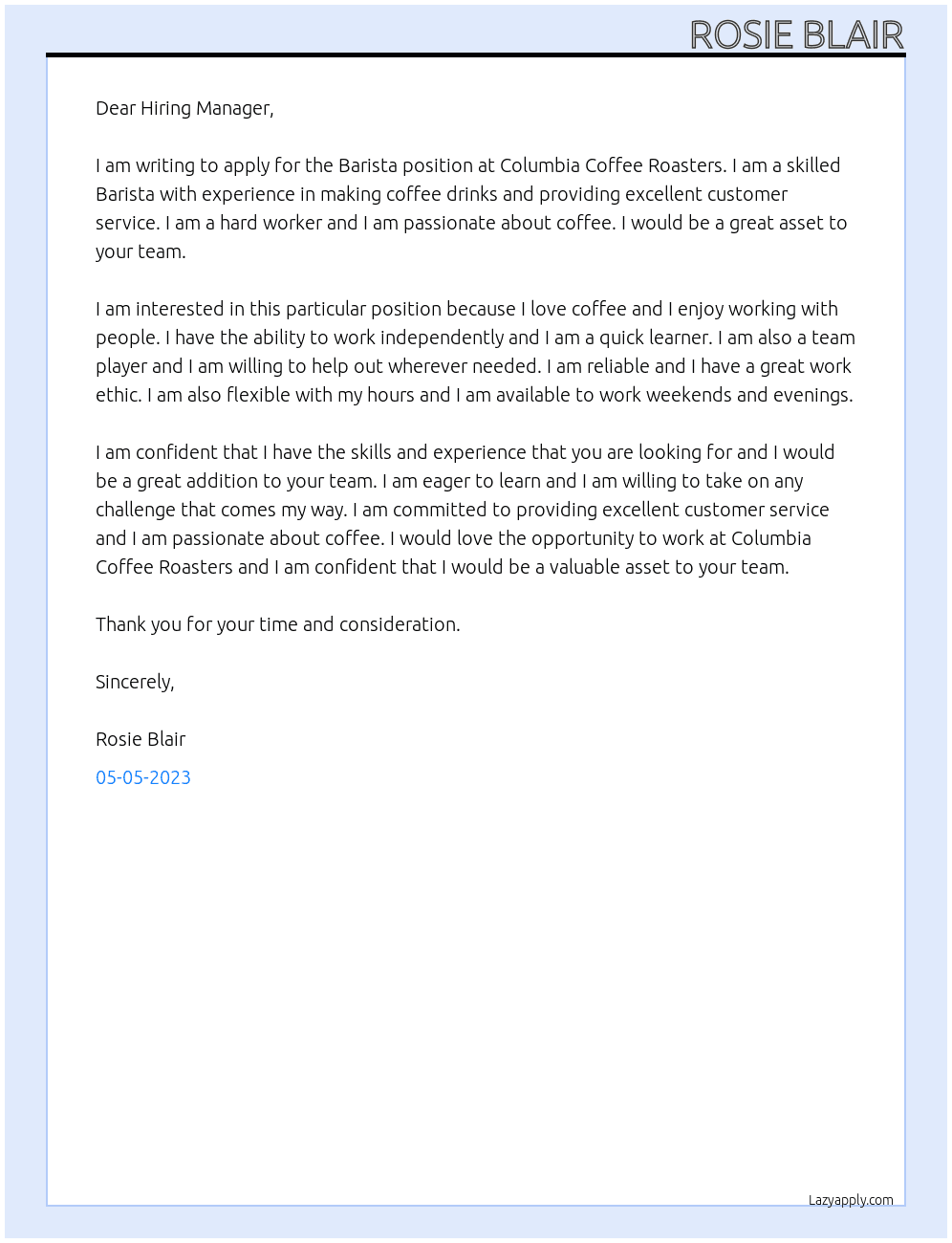 Barista  At Columbia Coffee Roasters  Cover Letter
