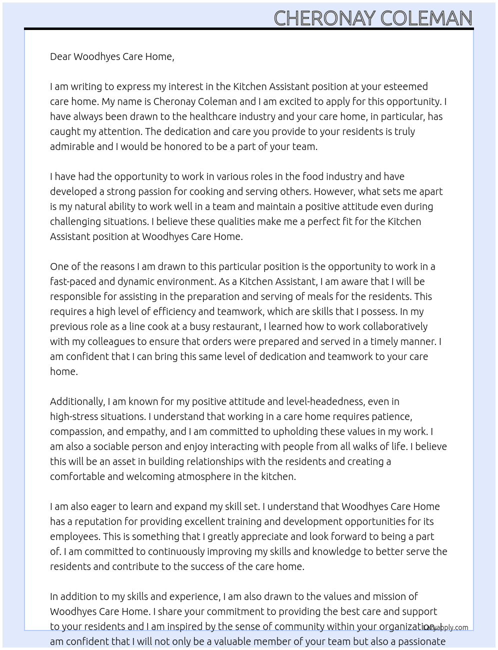  Kitchen assistant  At Woodhyes care home Cover Letter
