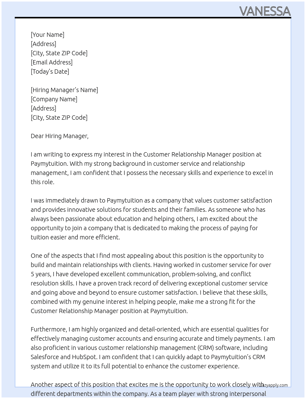 Customer Relationship Manager At Paymytuition Cover Letter