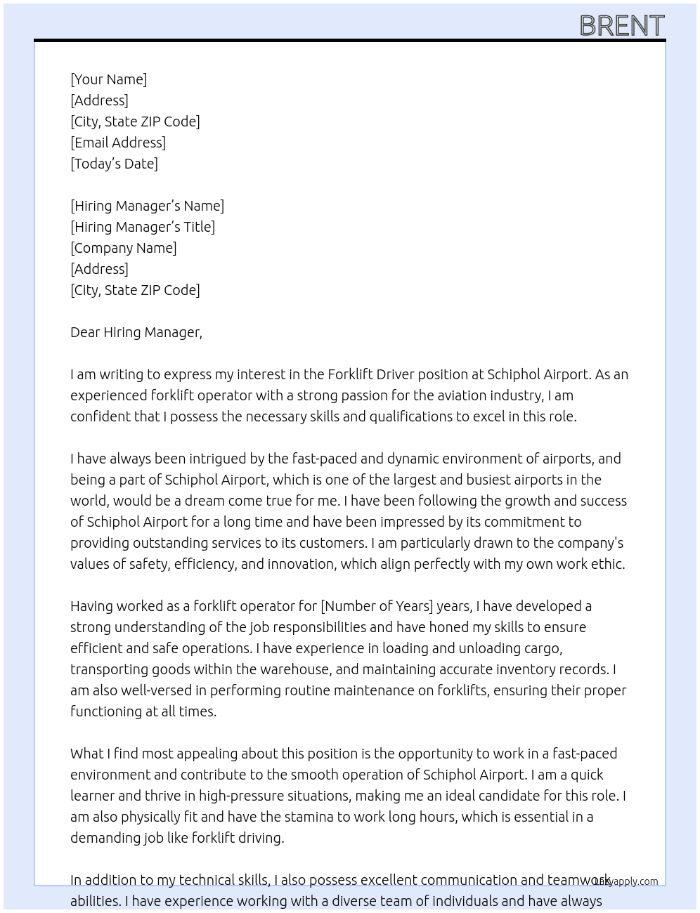 Forklift Driver  At Schiphol Airport  Cover Letter