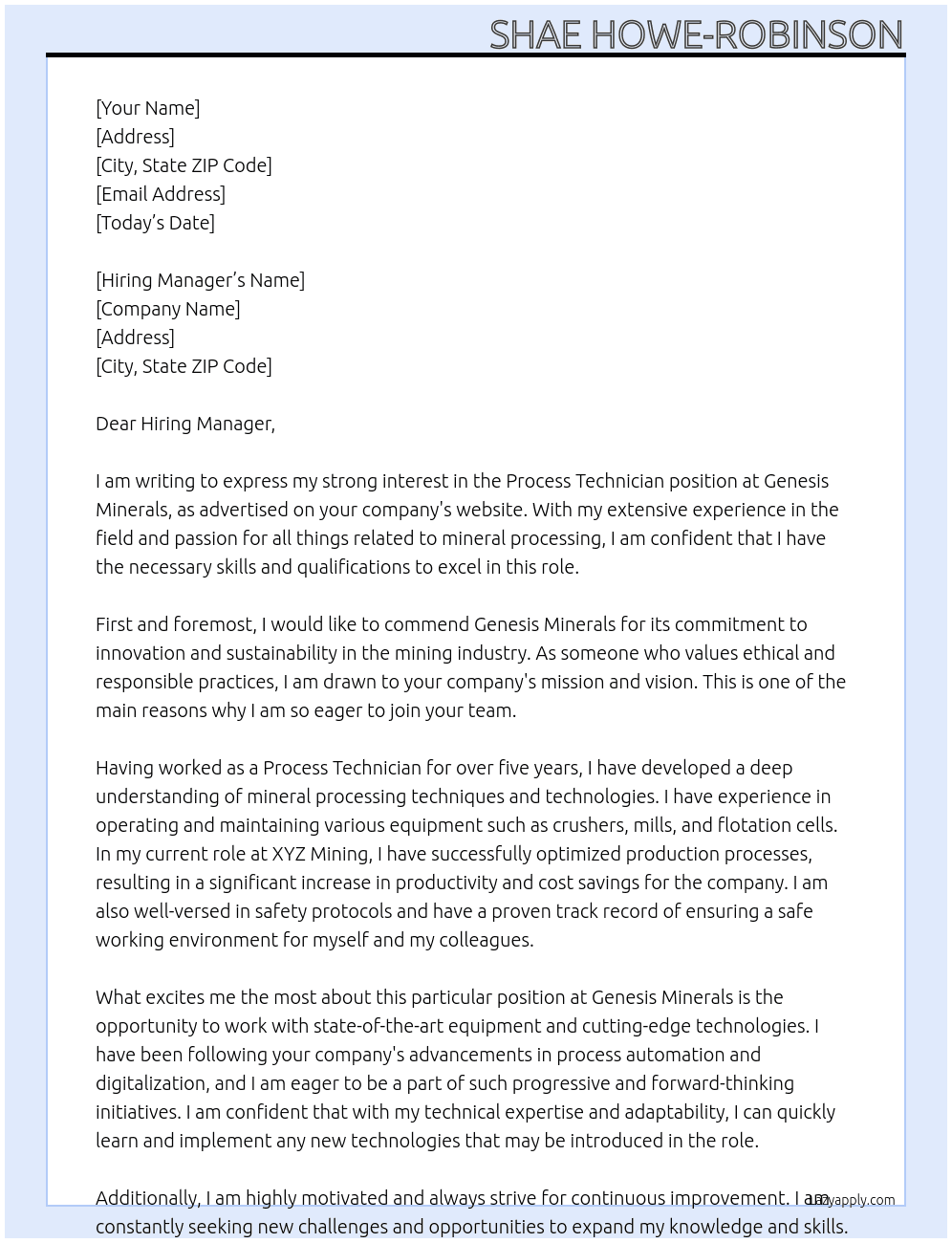 Process Technician  At Genesis Minerals Cover Letter