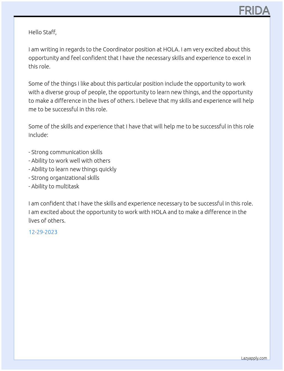 Coordinator At HOLA Cover Letter