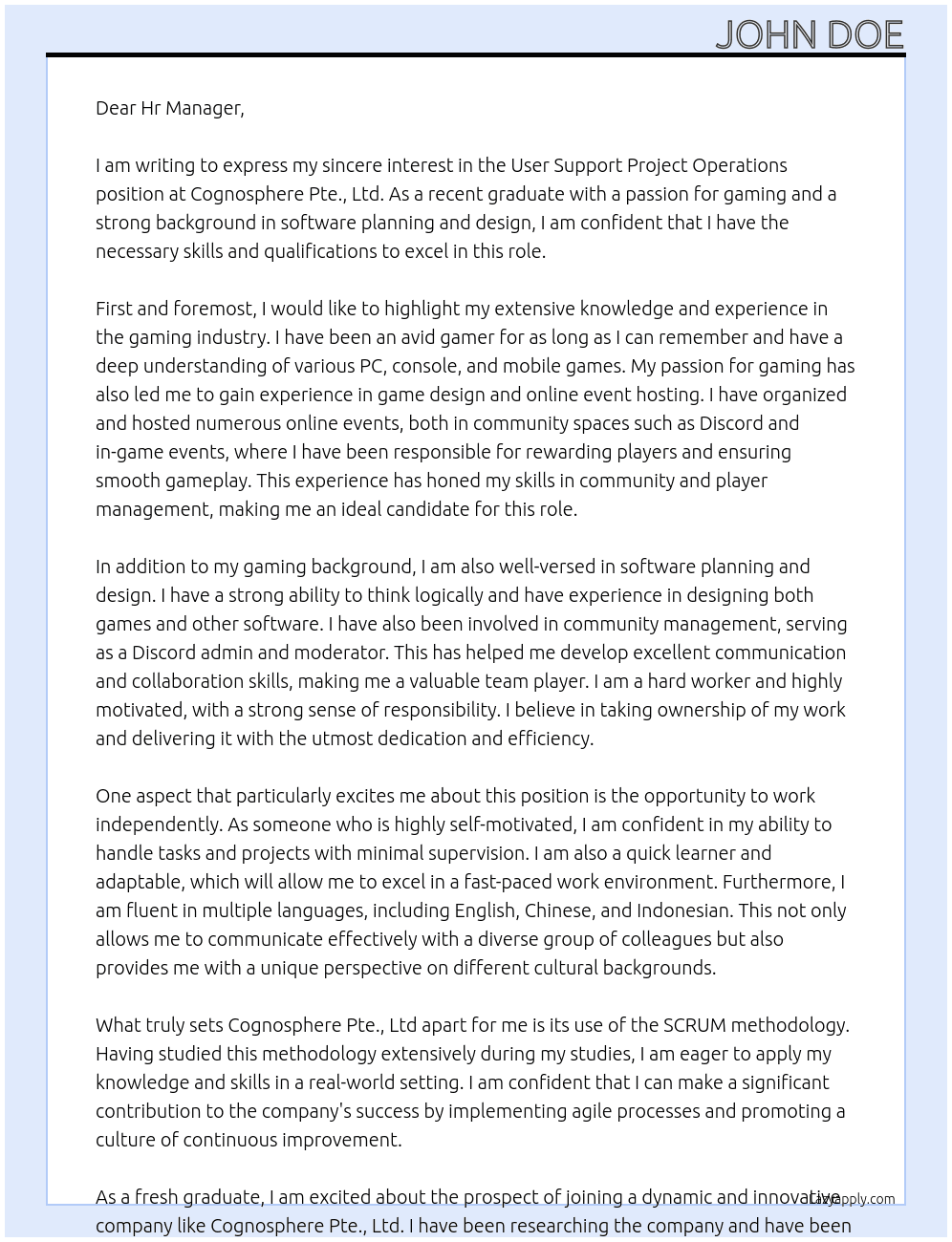 User Support Project Operations - Fresh Grad At Cognosphere Pte., Ltd Cover Letter