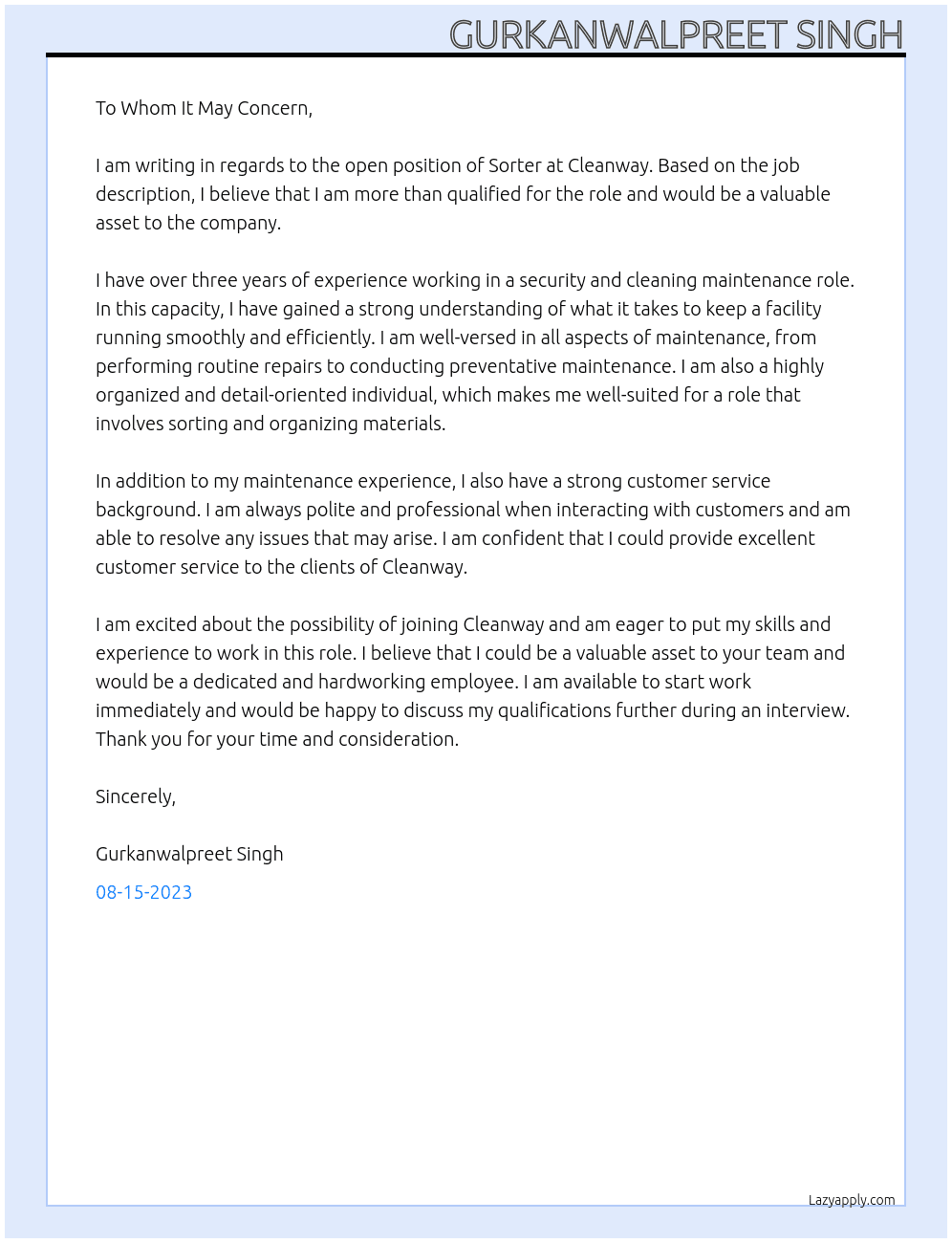 Sorter At Cleanway Cover Letter