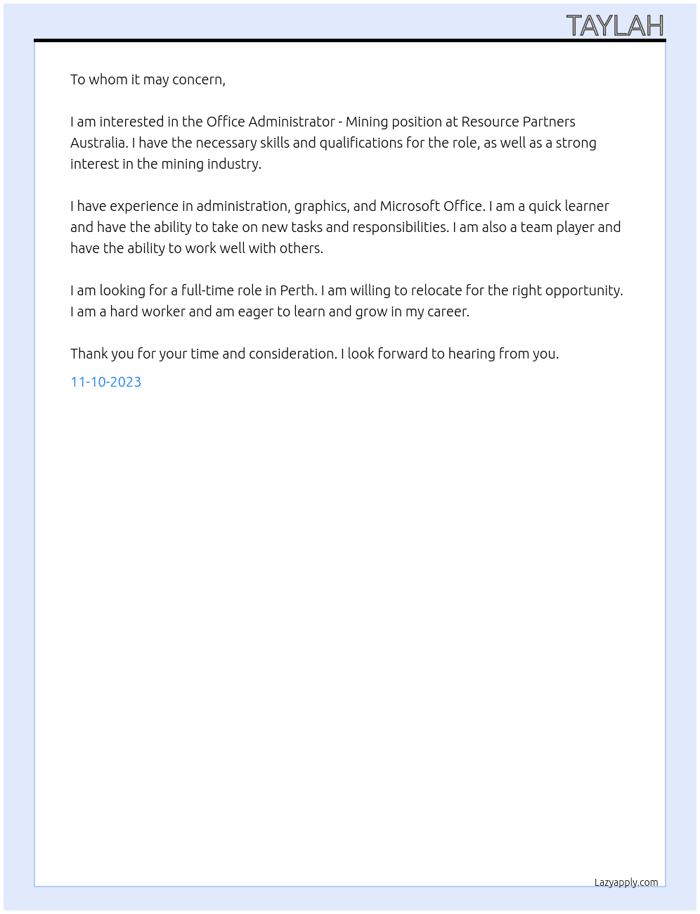 Office Administrator - Mining At Resource Partners Australia Cover Letter