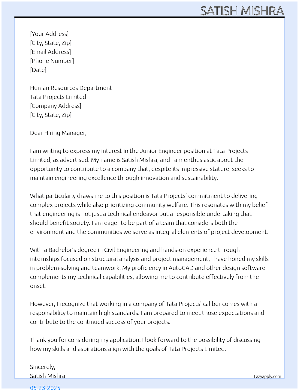 JUNIOUR ENGINEER At TATA PROJECT LINITED Cover Letter