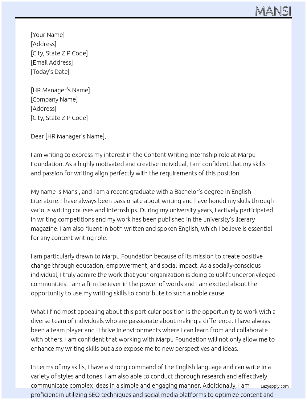 Contant writing  At Marpu foundation  Cover Letter