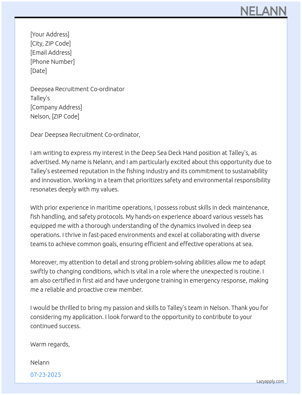Cover letter for deep sea deck hand - LazyApply