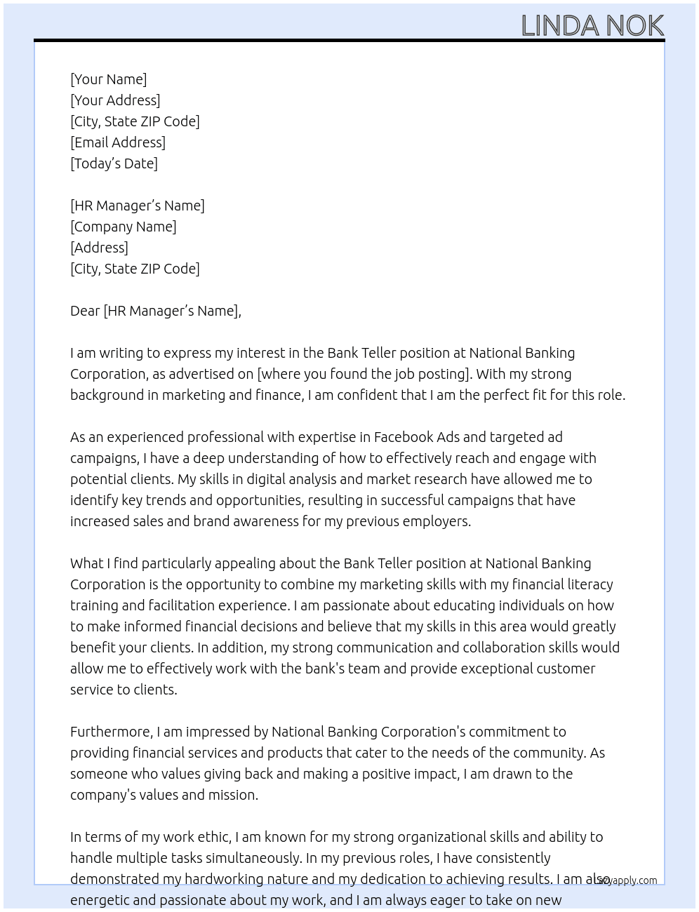 Bank Teller At National Banking Corporation Cover Letter