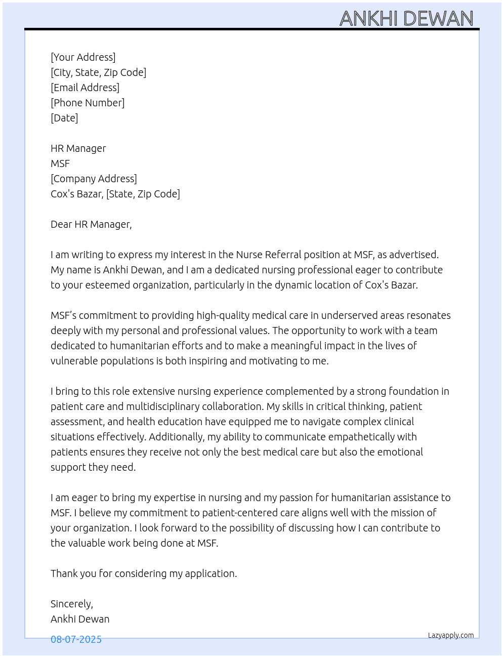 Cover letter for nurse refferal - LazyApply