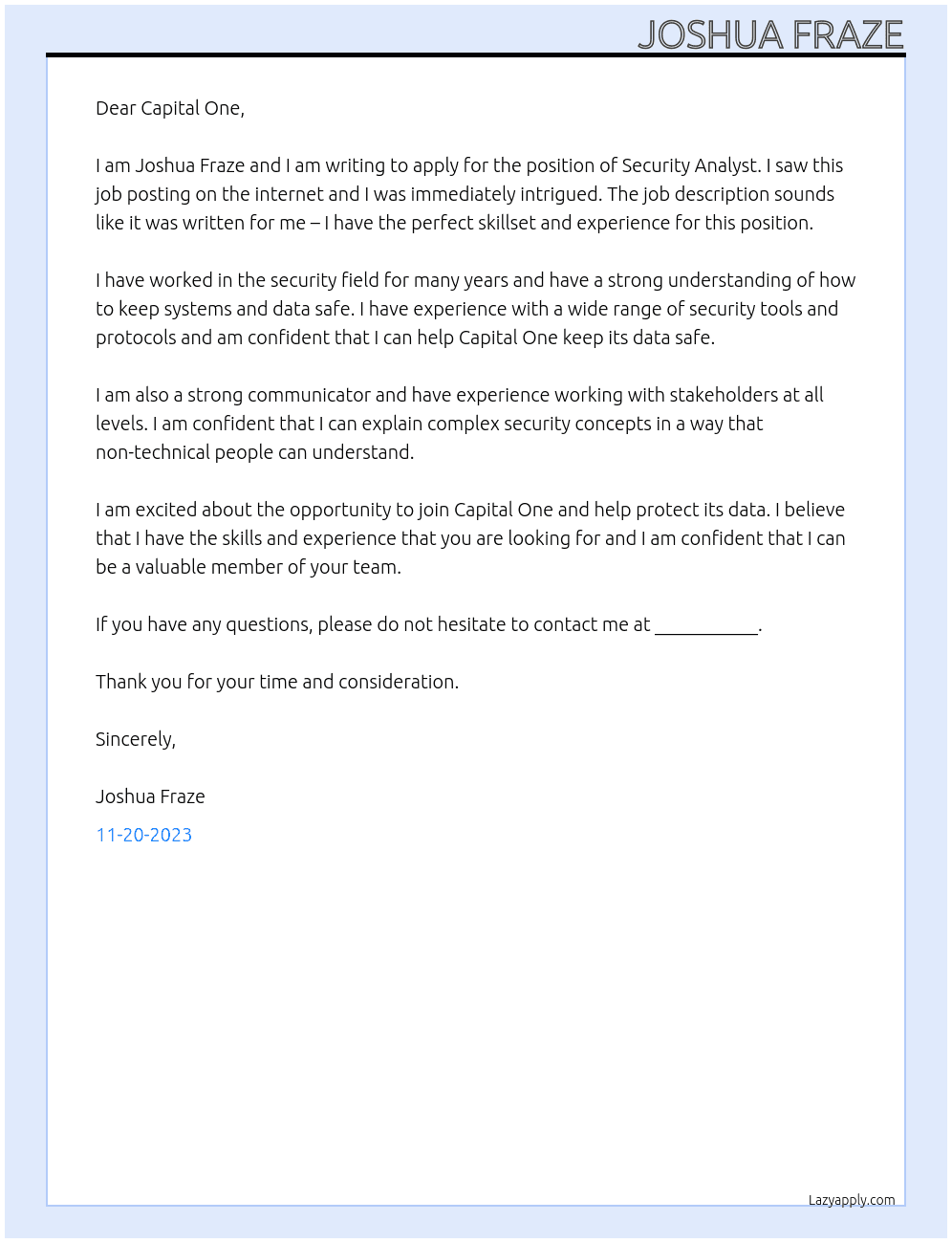 Security Analyst At Capital One Cover Letter
