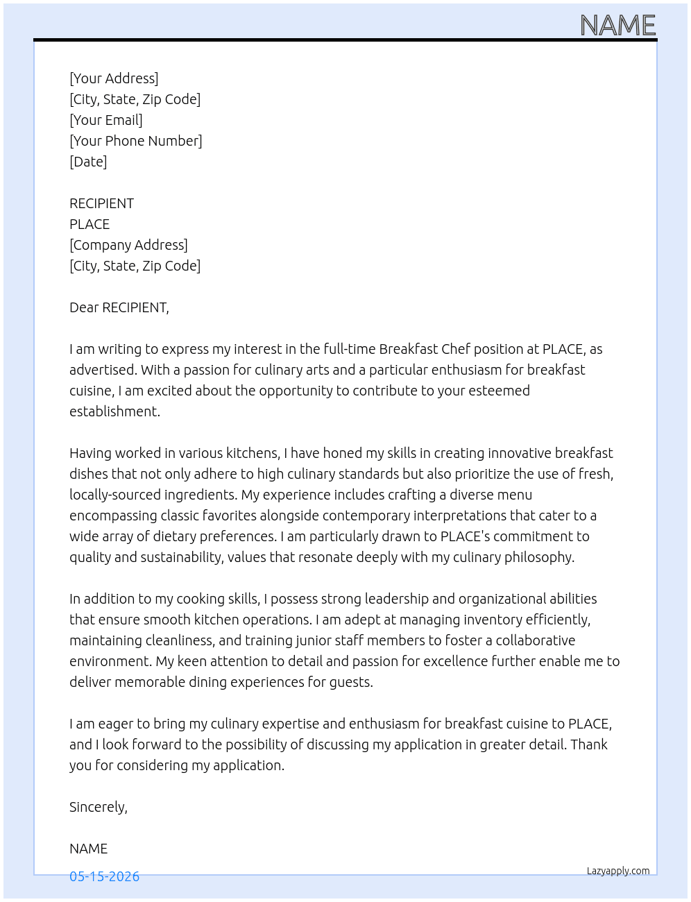 breakfast chef At PLACE Cover Letter