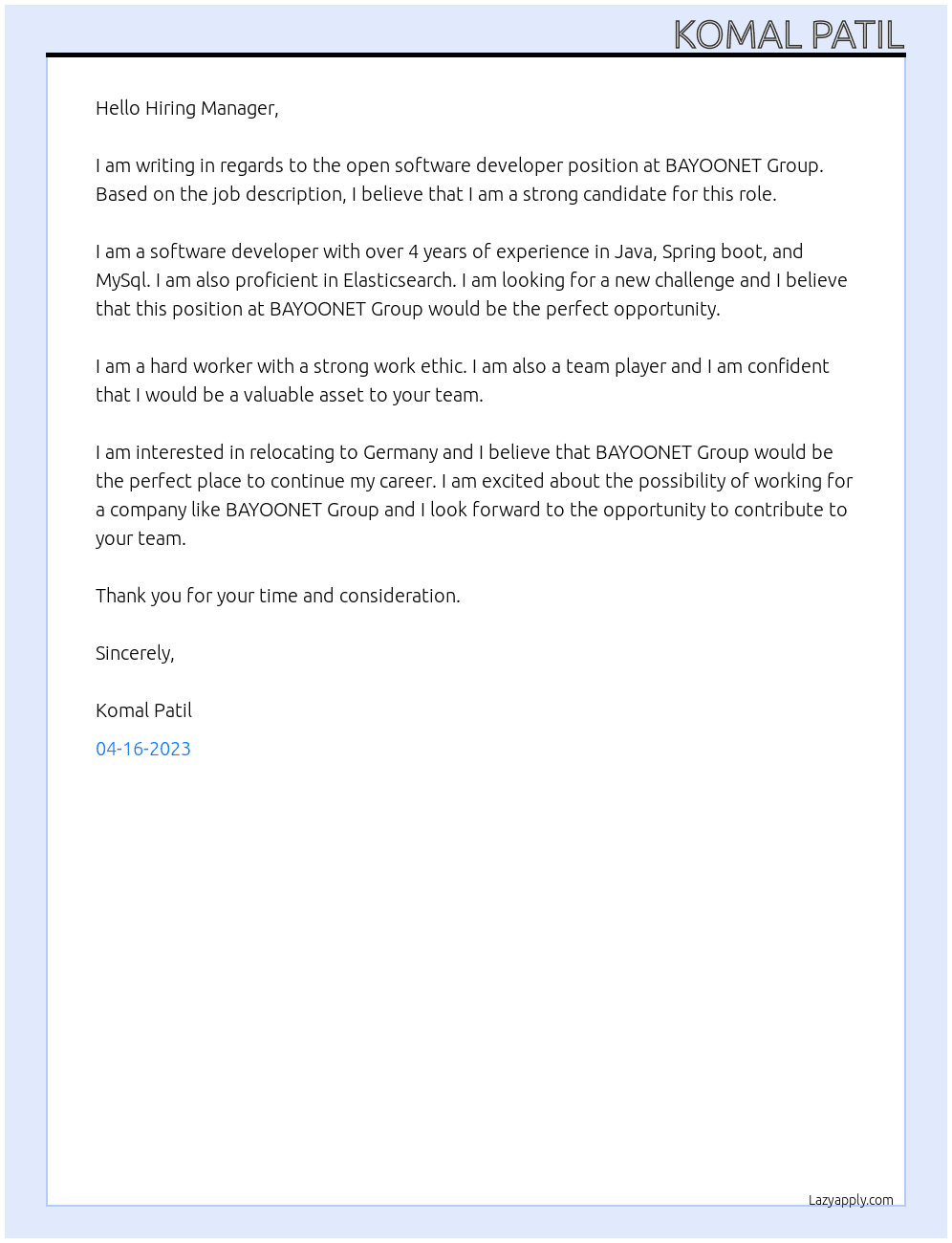 Software developer At BAYOONET Group Cover Letter