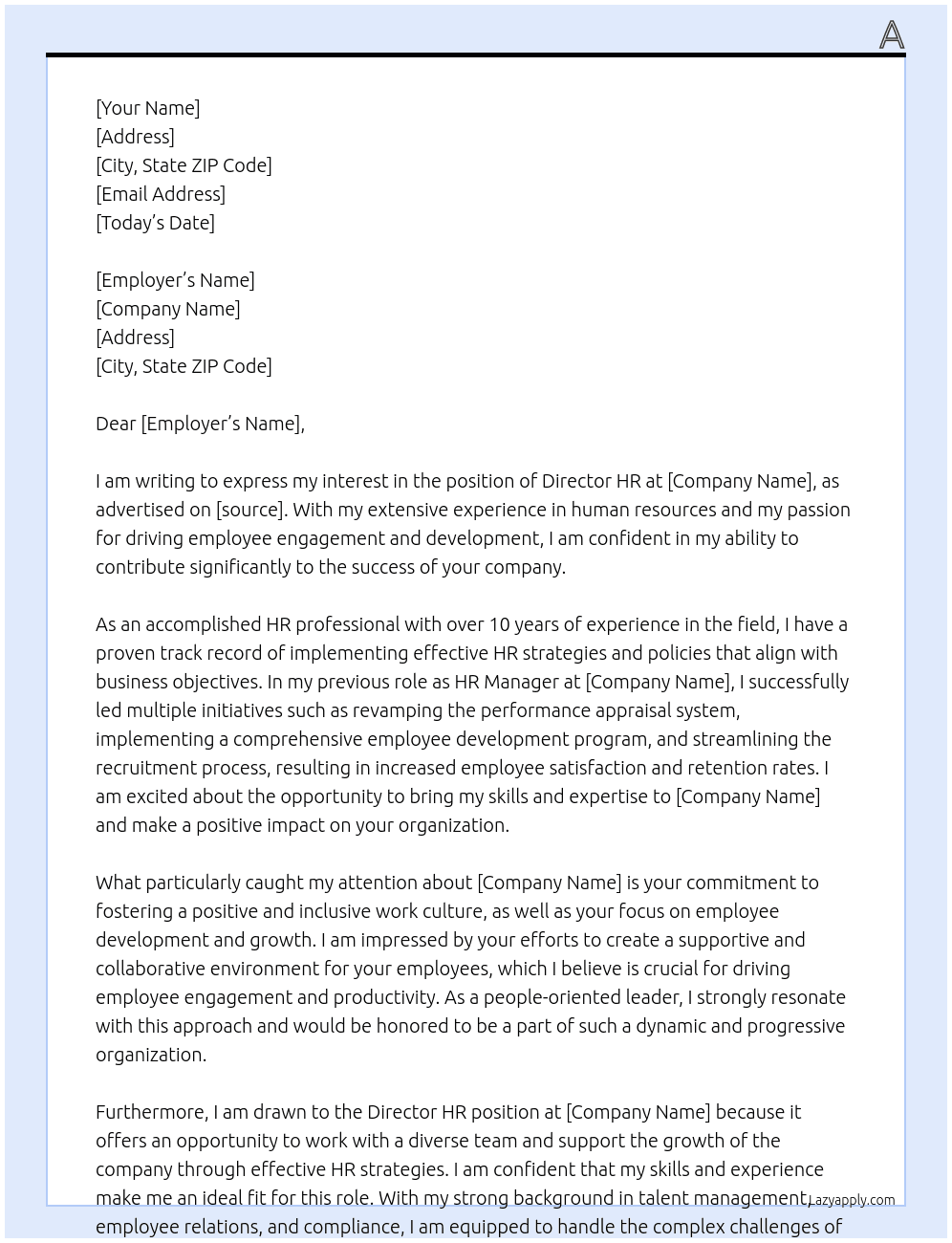 Director HR At B Cover Letter