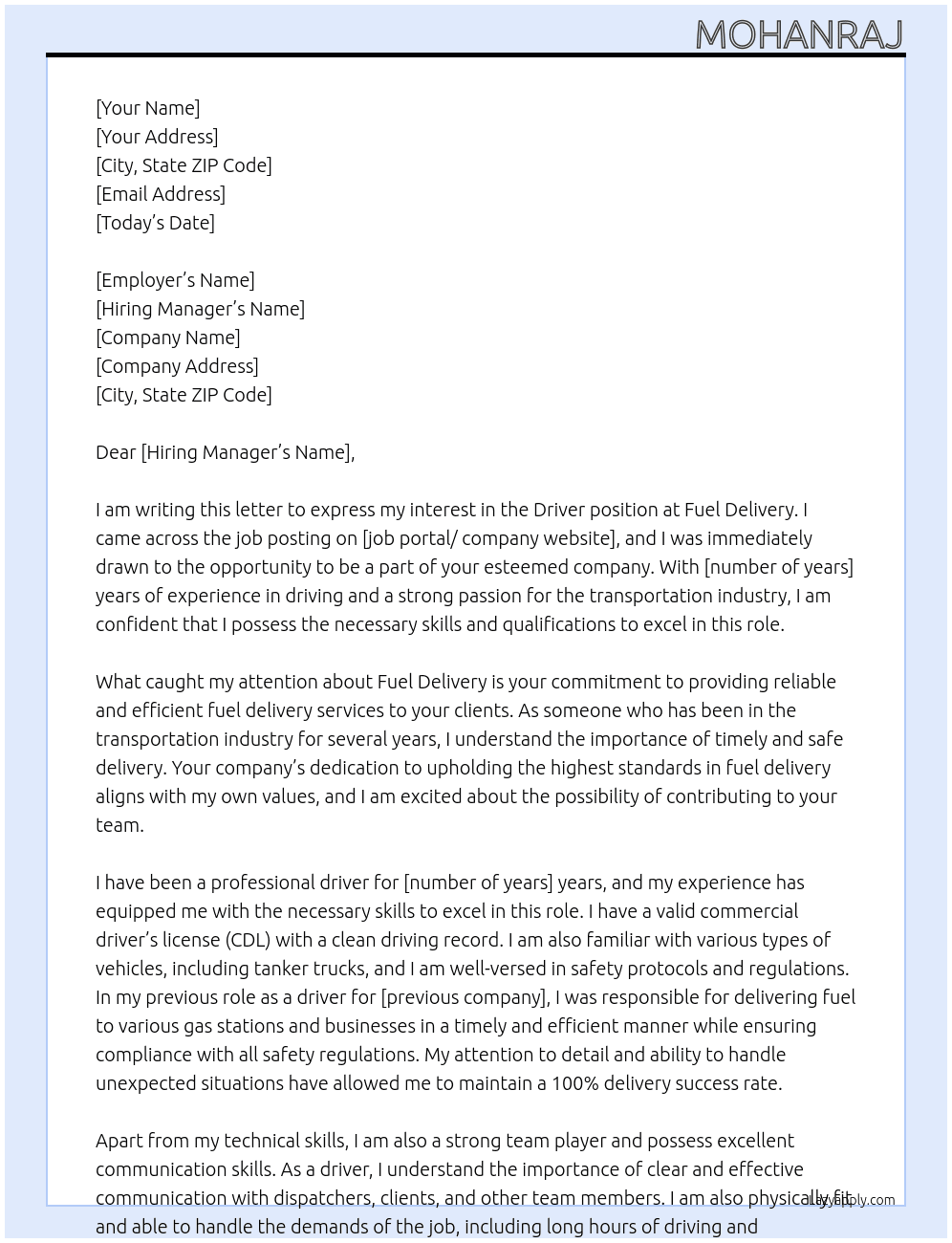 Driver  At Fuel delivery  Cover Letter