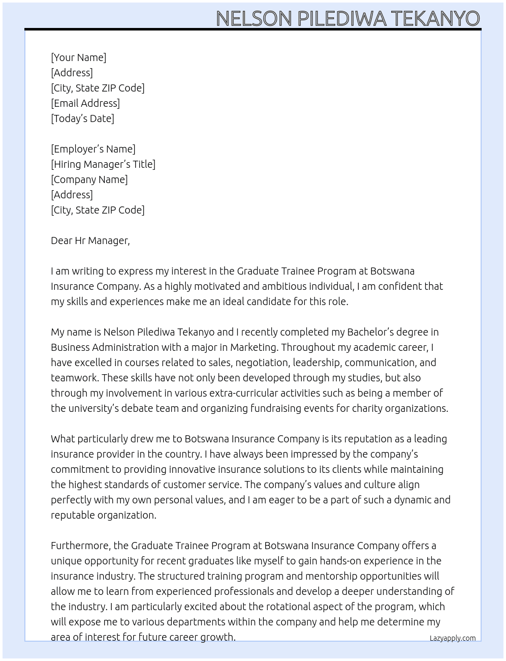 Graduate Trainee Program At Botswana Insurance Company Cover Letter
