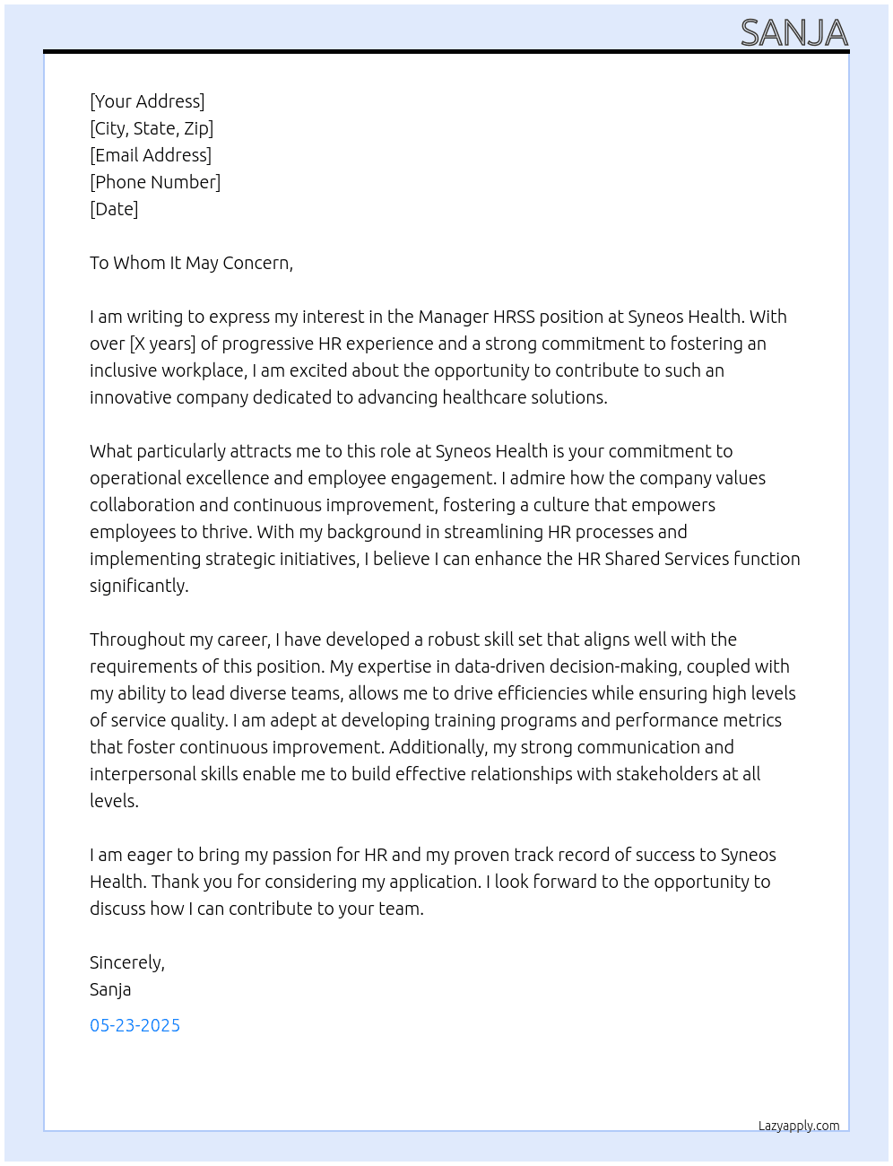 Manager HRSS At Syneos Health Cover Letter