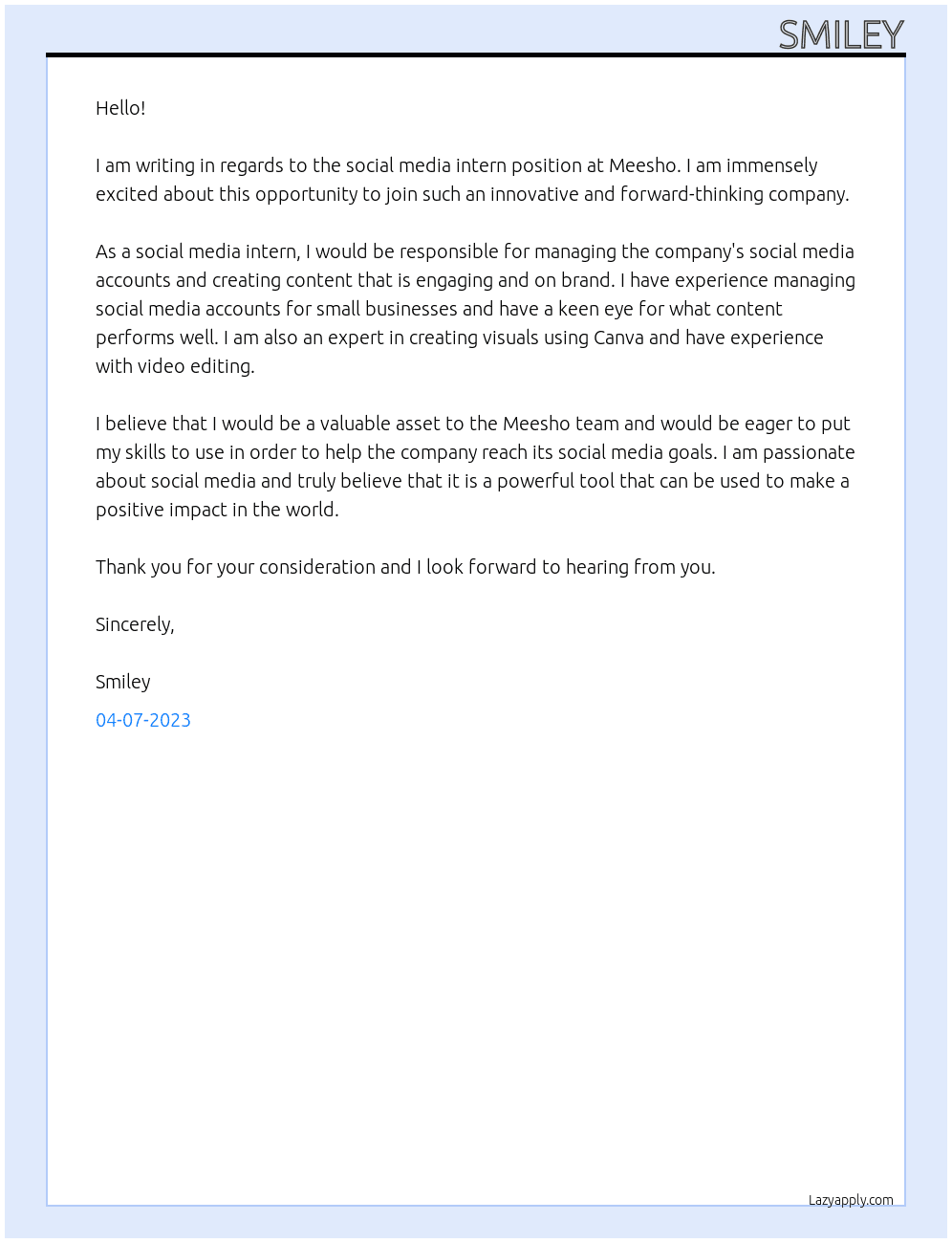 social media intern At meesho Cover Letter