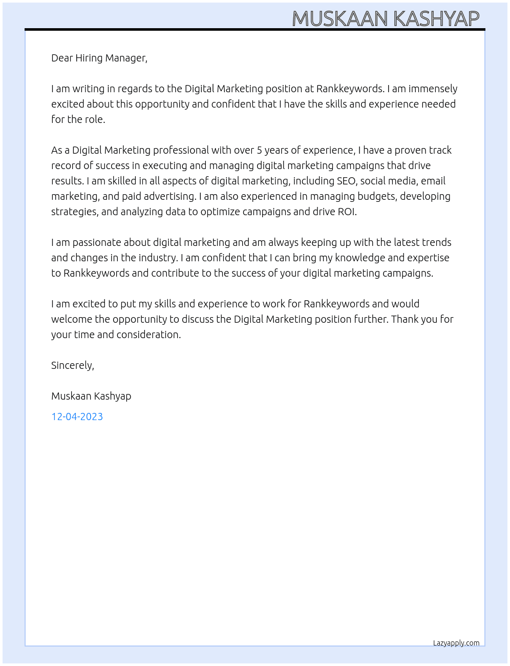 Digital marketing  At Rankkeywords Cover Letter
