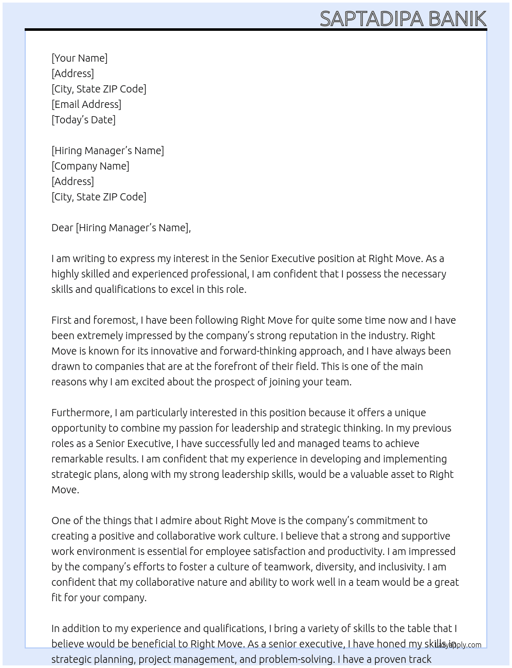 SENIOR EXECUTIVE At RIGHT MOVE Cover Letter