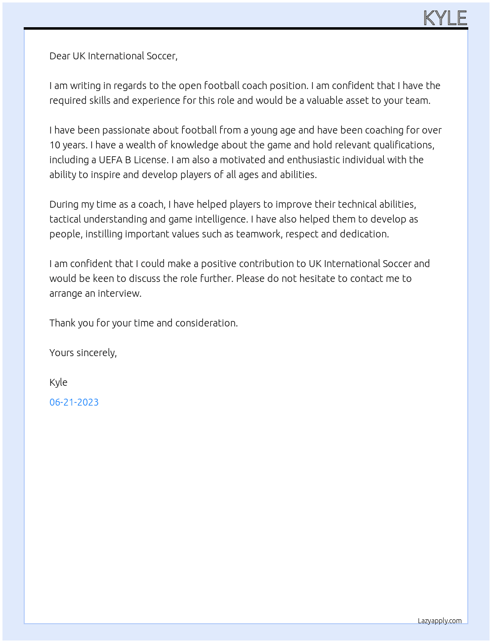 Football coach  At UK International Soccer Cover Letter