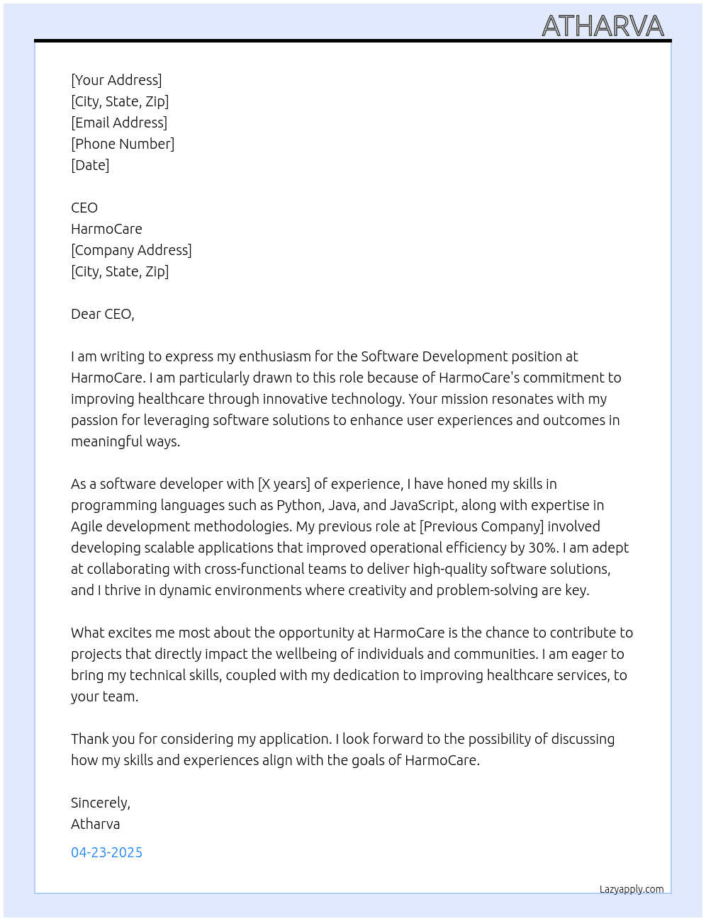 software development  At HarmoCare Cover Letter